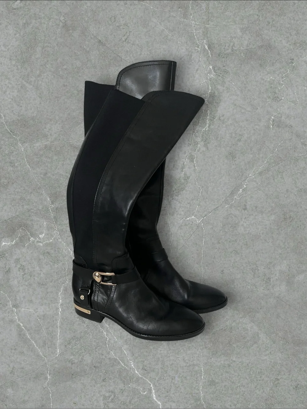 Vince Camuto Black Leather Over-the-Knee Boots with Gold Accent